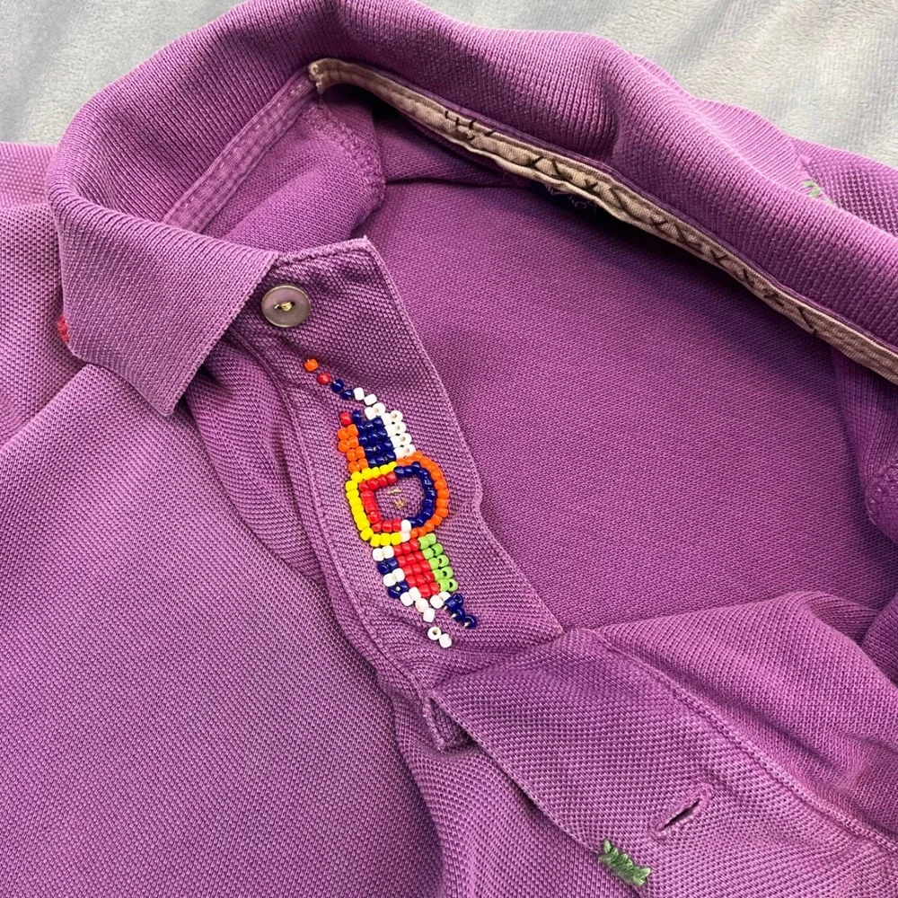 Polo Ralph Lauren Polo Shirt Aztec Mayan Men XL Purple Bead Embroidery Custom Fi